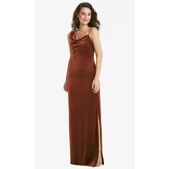 SOCIAL‎ BRIDESMAIDS Asymmetrical One-shoulder Velvet Maxi Slip Dress Auburn Moon - Picture 1 of 8